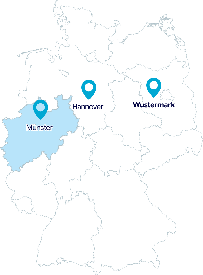 Wir haben unsere Standorte in Münster, Hannover und Wustermark bei Potsdam. Überwiegend sind wir in Norddeutschland im Einsatz. Vereinzelt betreuen wir Kundenstandorte aber auch in anderen Regionen Deutschlands.