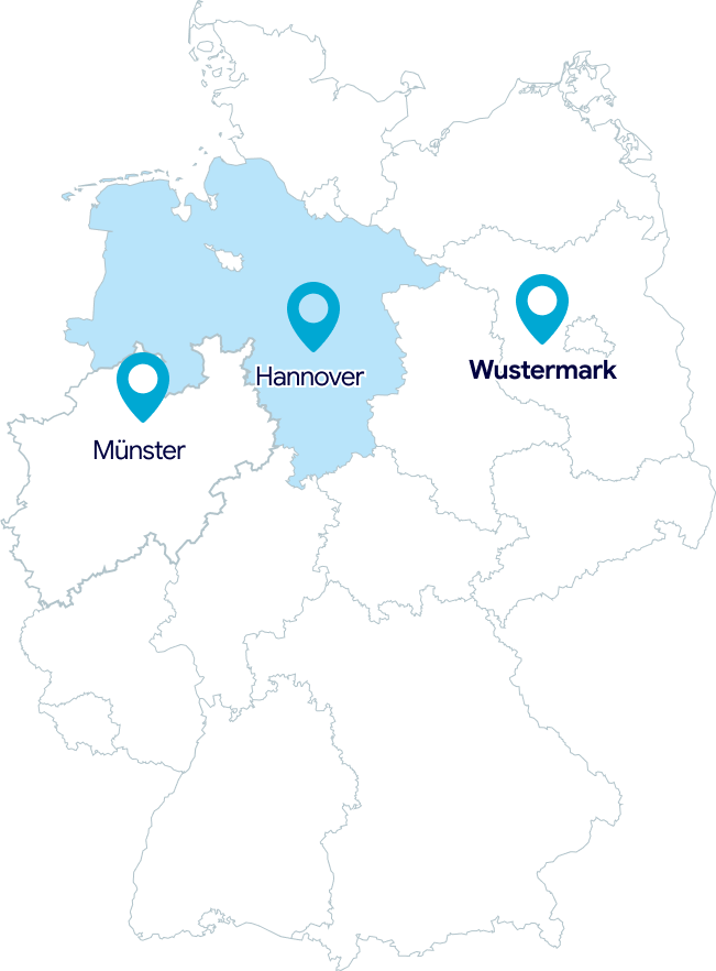 Wir haben unsere Standorte in Münster, Hannover und Wustermark bei Potsdam. Überwiegend sind wir in Norddeutschland im Einsatz. Vereinzelt betreuen wir Kundenstandorte aber auch in anderen Regionen Deutschlands.